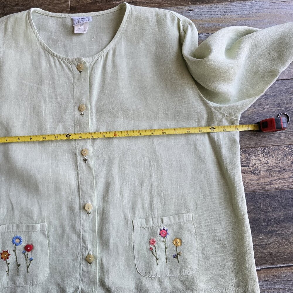 Vintage Hot Cotton by Marc Ware Embroidered Linen Lagenlook Top Button Green - Picture 11 of 12